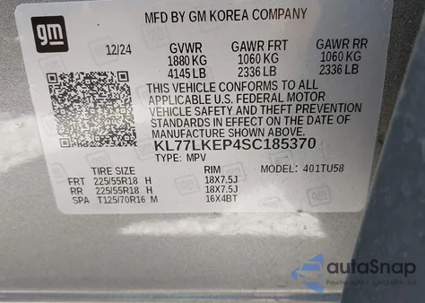 2025 Chevrolet Trax Fwd Activ from USA, damaged, VIN KL77LKEP4SC185370